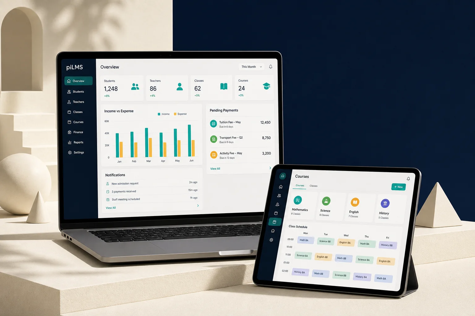 Mockup i piLMS në laptop dhe tablet me dashboard shkollor dhe financiar